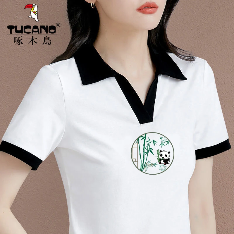 啄木鸟正品2025夏季新款翻领印花上衣女小众气质时尚短袖拼色T恤