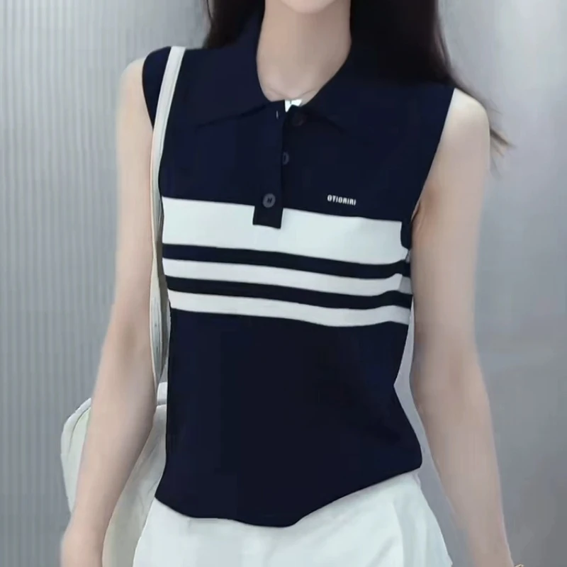 2025年韩版时尚POLO领设计感条纹上衣女气质显瘦百搭无袖针织背心