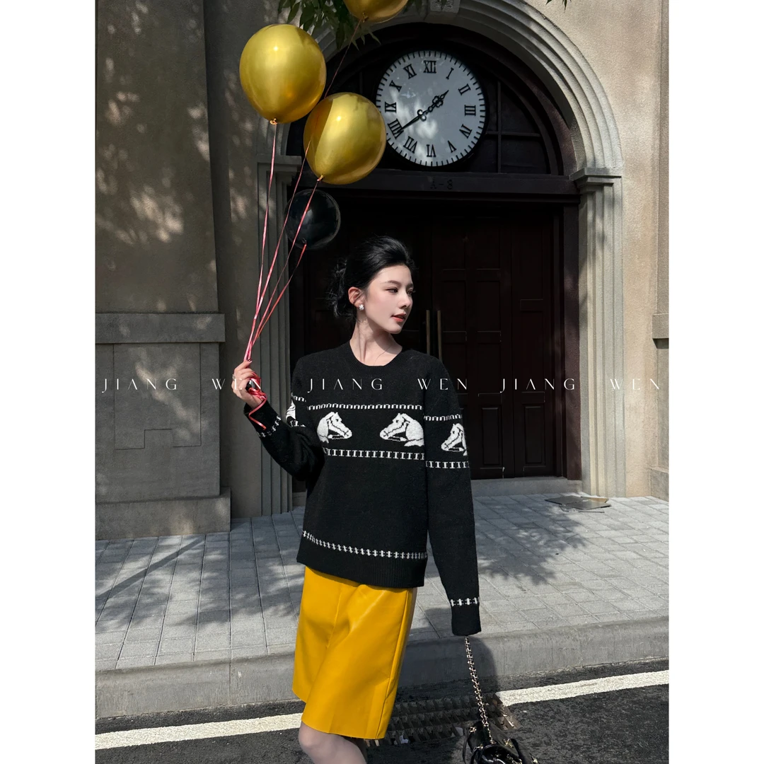 【小马毛衣】姜雯 北欧风马头提花圆领羊毛毛衣