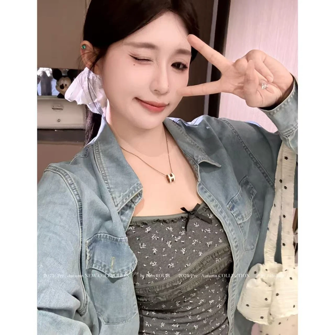 【现货】【暮野星河】温与柔秋季正肩牛仔衬衫碎花ins显瘦吊带连衣裙