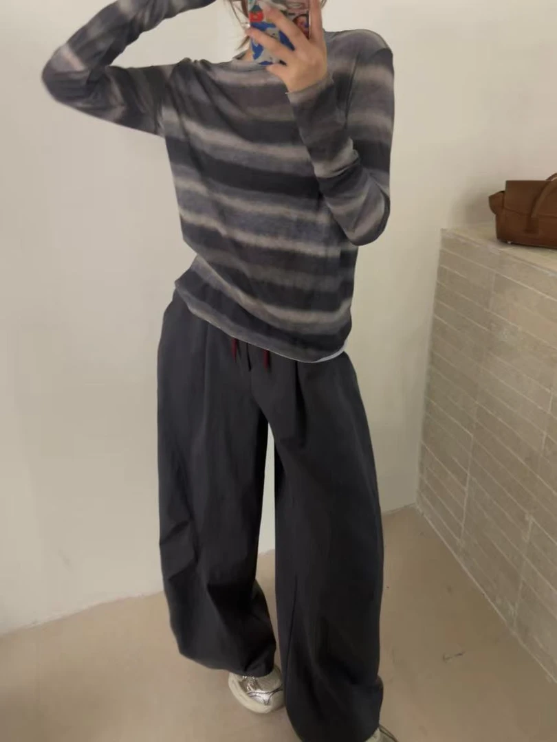 33671印染条纹长袖T恤薄款上衣小衫显瘦打底衫女