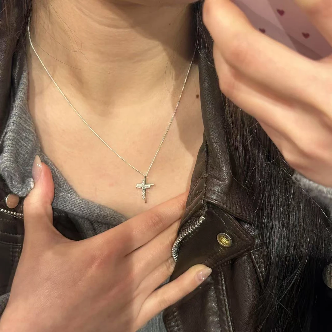 吊坠925银 406A06 TJ韩国女装韩国直播代购925银双层十字架项链