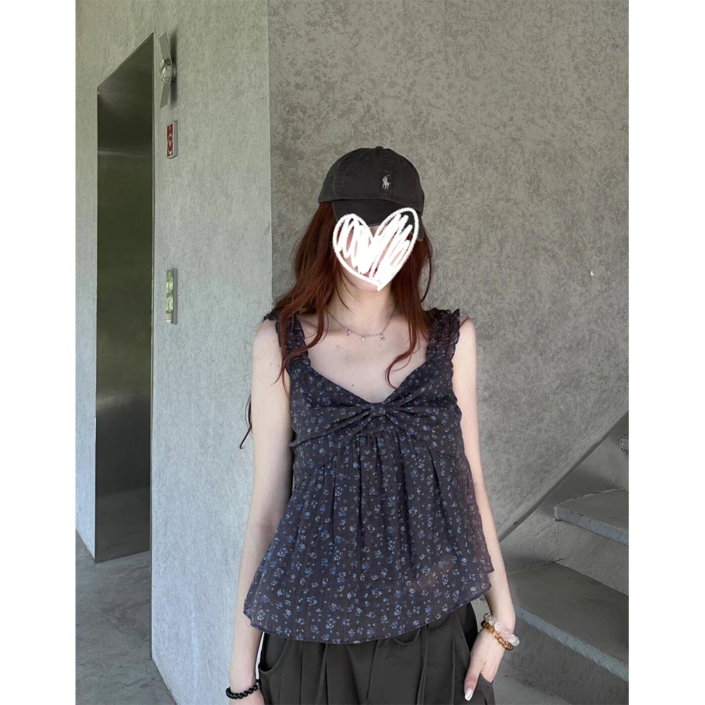 蝴蝶结碎花吊带娃娃衫+抽绳压褶阔腿长裤 +防晒薄款开衫21925#