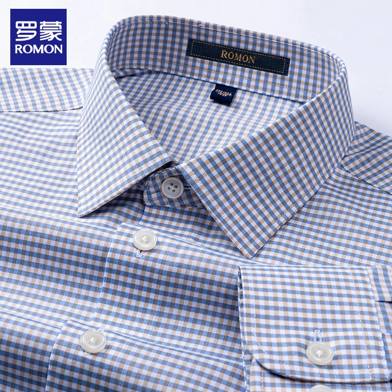 罗蒙高档商务衬衫男春秋款免烫上档次格子衬衣休闲高级感男装长袖