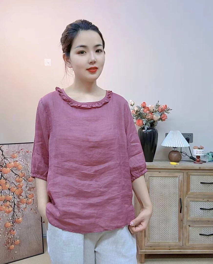 2025夏季新款圆领拼接木耳边文艺休闲减龄百搭显瘦纯色苎麻小衫