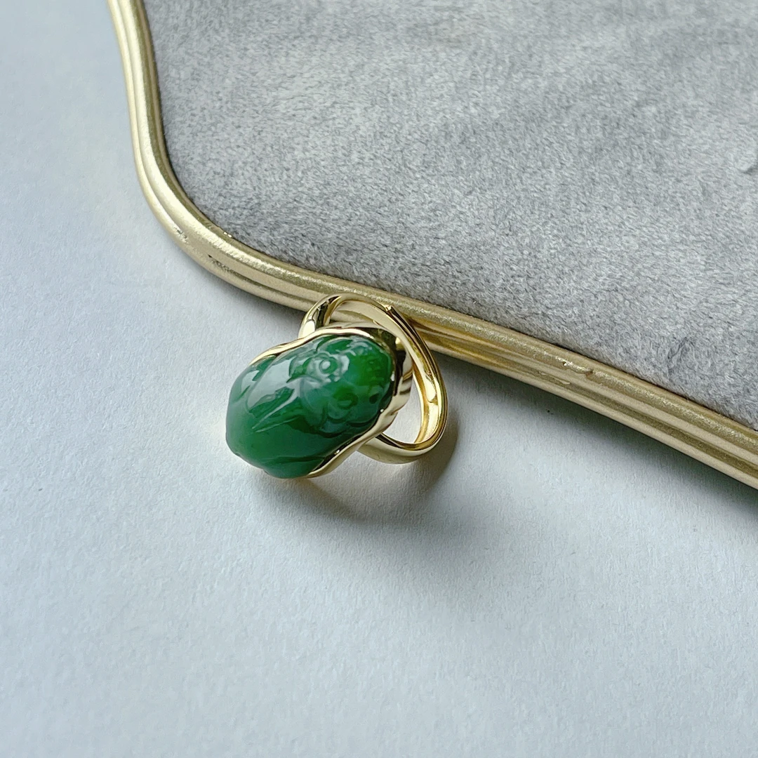 晶雁和田玉碧玉貔貅戒指s925银镶气质时尚绿色复古精致镶嵌精美