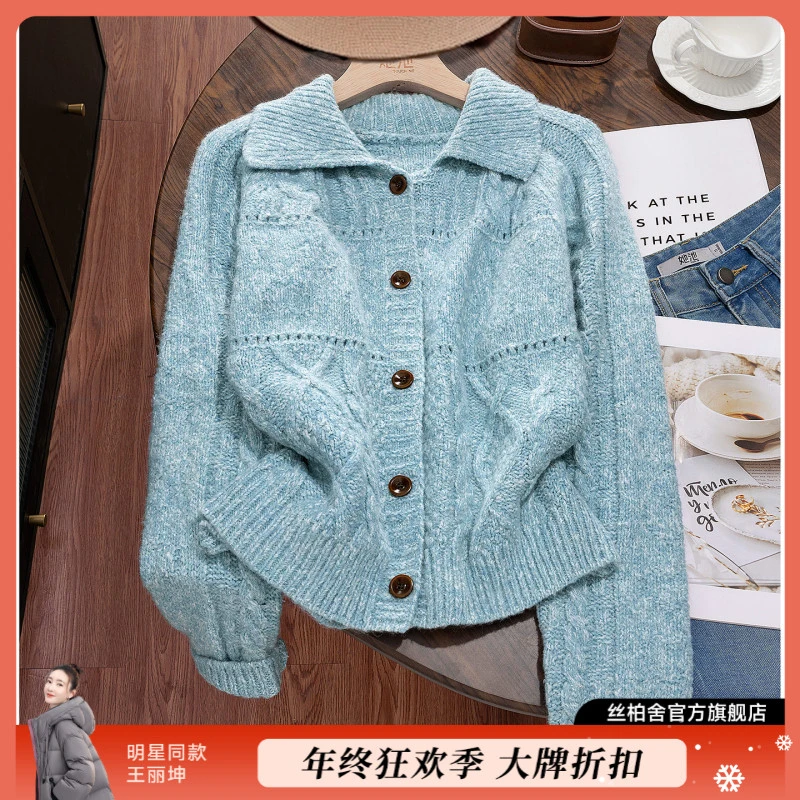 她池2025绵羊毛冬新女慵懒风宽松软糯翻领长袖短款毛衣T53P0039M