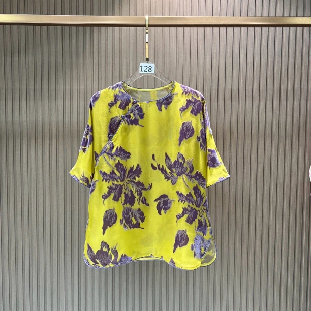 紫荆花开 夏季花色国风时尚桑蚕丝烧花宽松衬衫