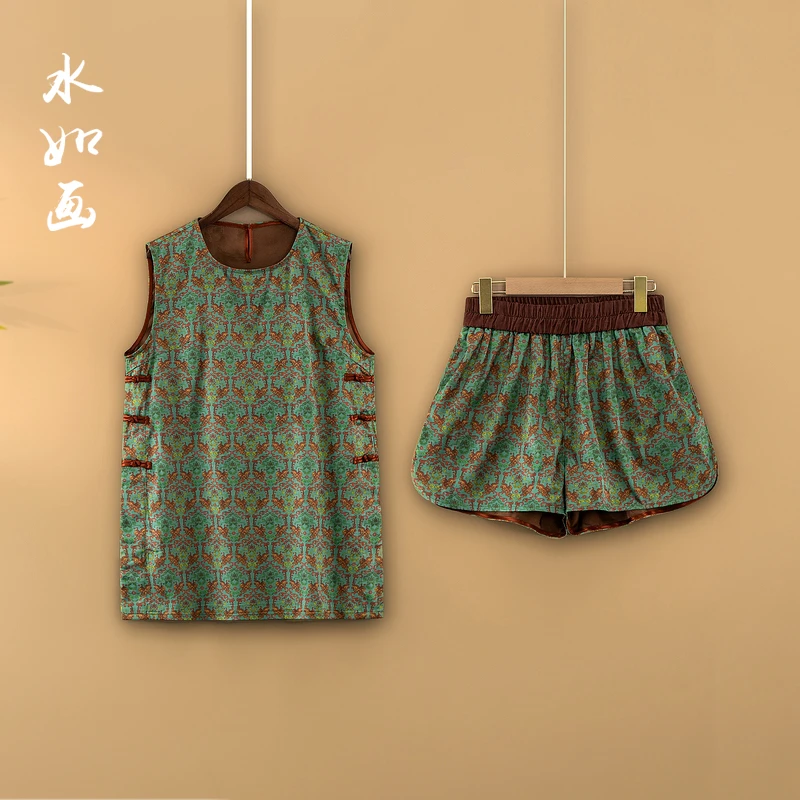 【碧胭】2025新款夏季新中式圆领无袖上衣+短裤国风提花两件套装女