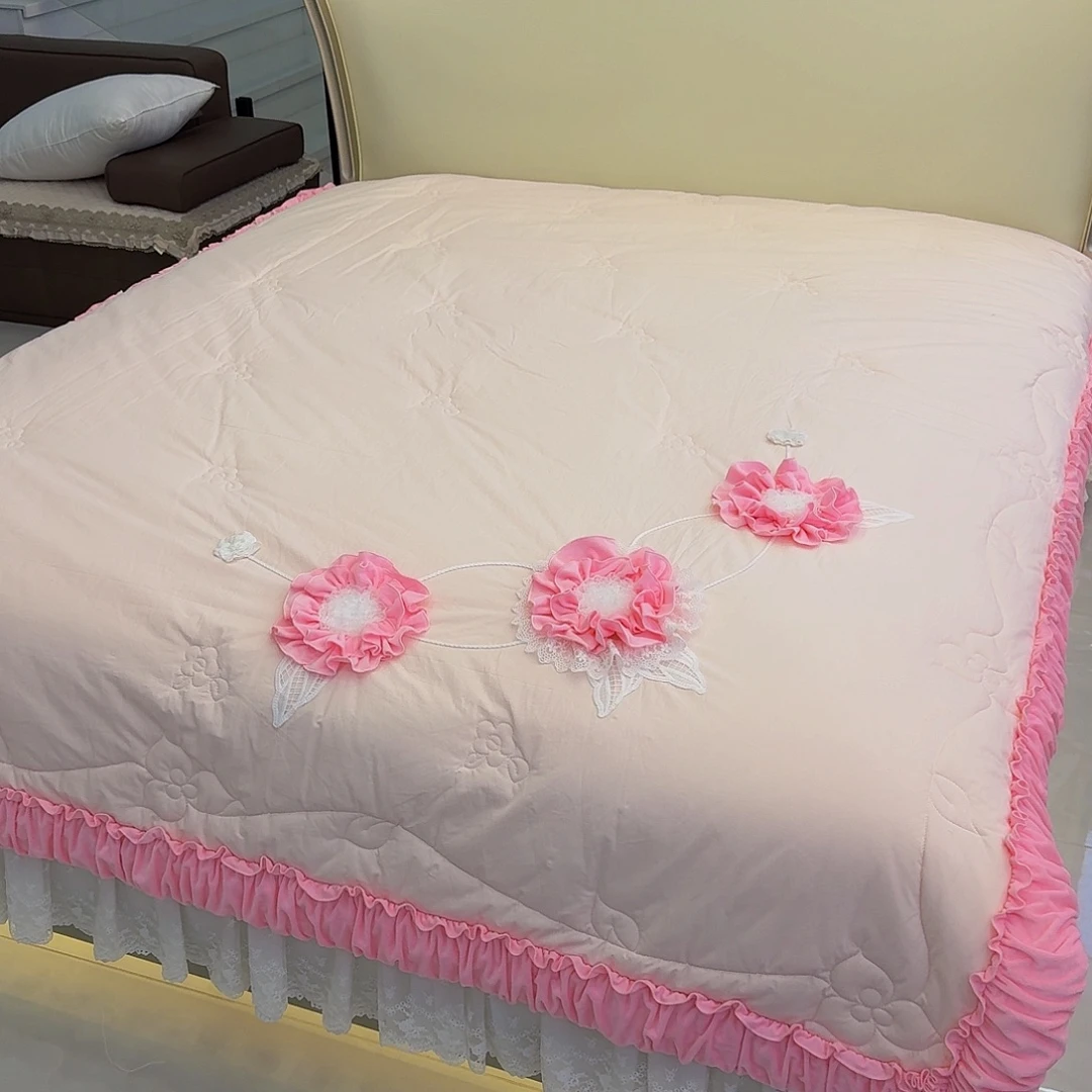 棉秋冬款山茶花婴儿绒双人被水粉