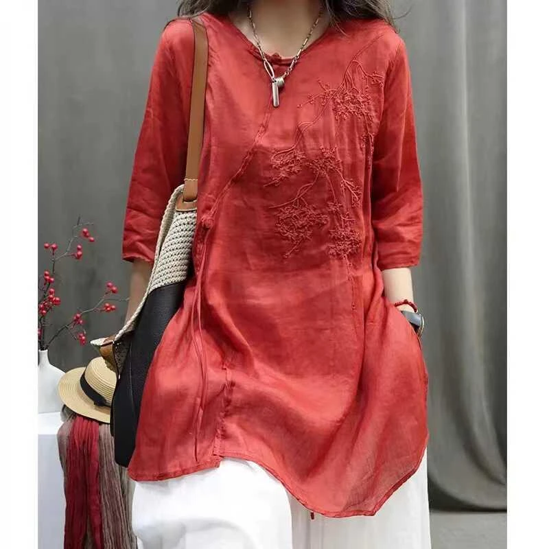 COS MOCO UR2025夏季新款苎麻国风文艺复古盘扣重工刺绣宽松休