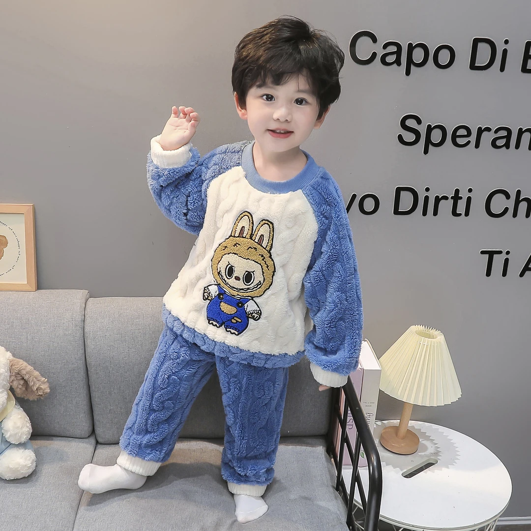 男童睡衣秋冬季拉布布2025新款男宝珊瑚绒男孩套装冬款儿童家居服