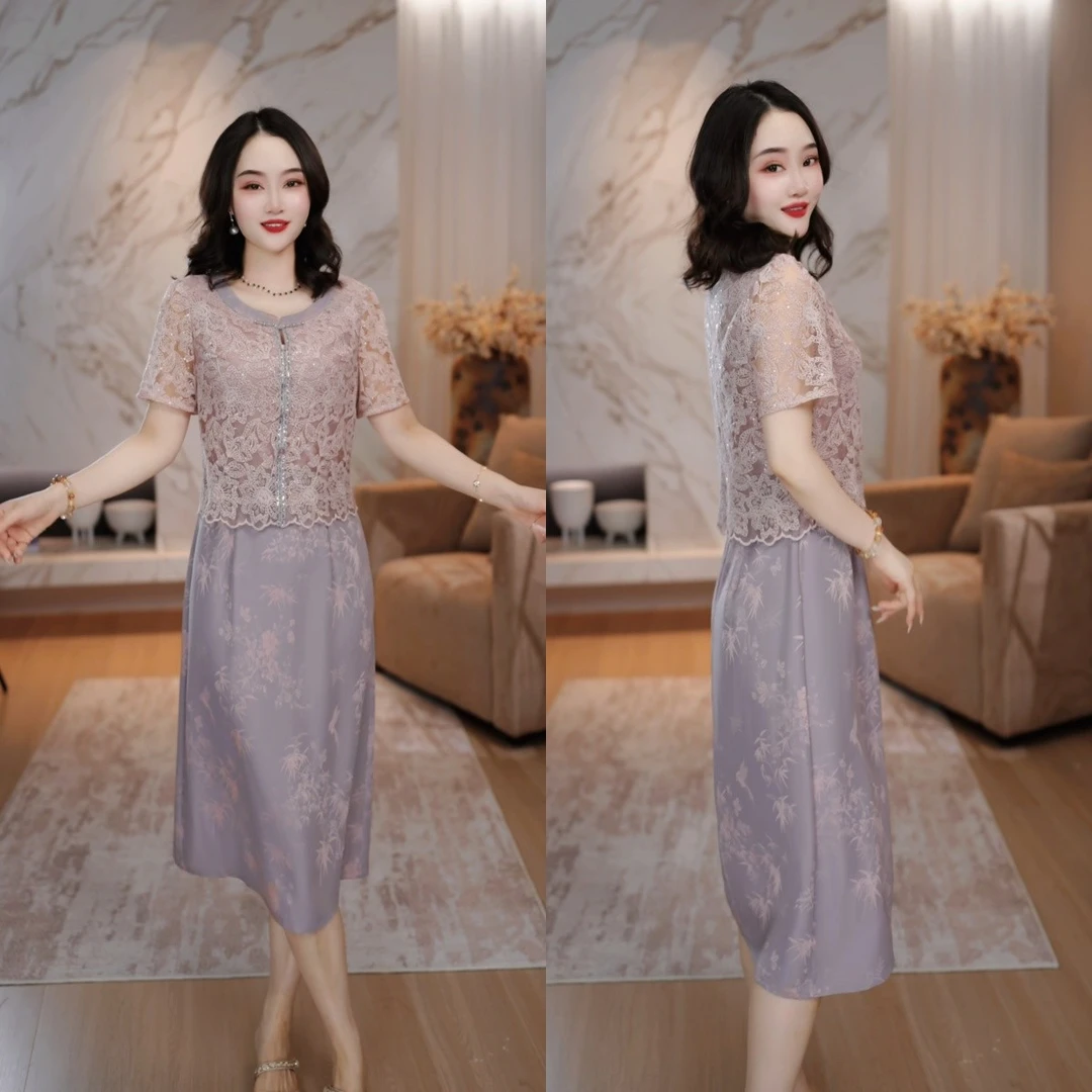 2025夏季休闲风时尚修身减龄显瘦蕾丝中长款假两件连衣裙M-5XL