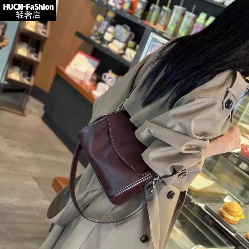 HUCN腋下包女2025新款大容量斜挎包头层牛皮百搭单肩包高级感真皮