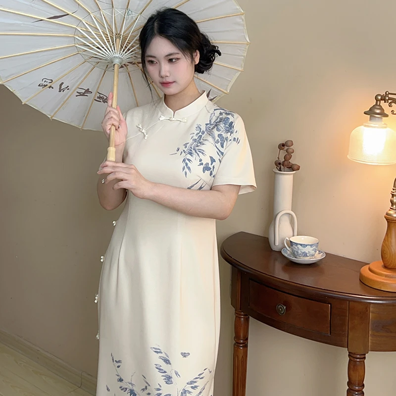 雀枝【自制款】古法旗袍日常款气质大码胖mm国风天丝麻连衣裙凉快