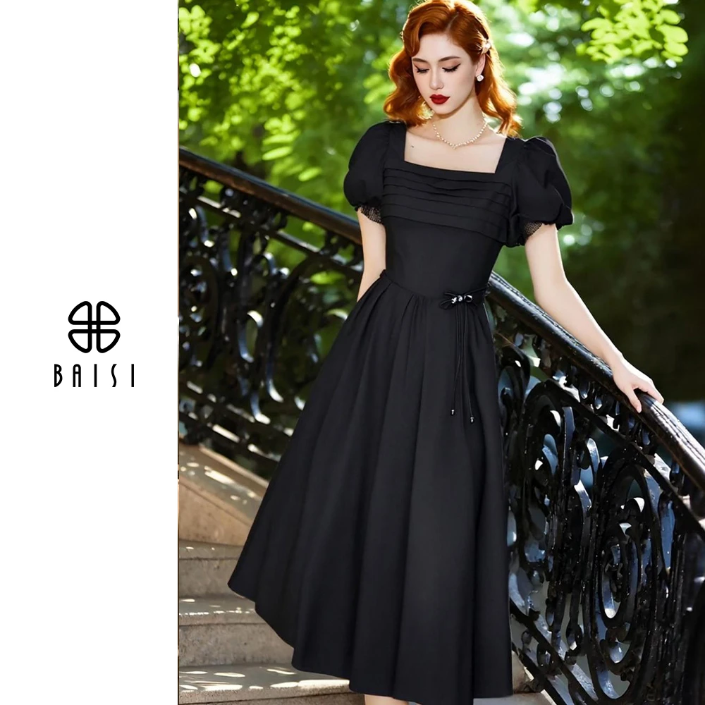 BAISI/百丝年会夏季长裙优雅轻奢盐系方领修身短裙宴会黑色连衣裙