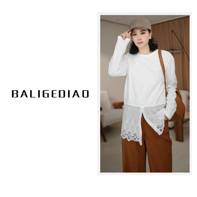 【简爱大版T恤】春款拼蕾丝百搭大T恤25001