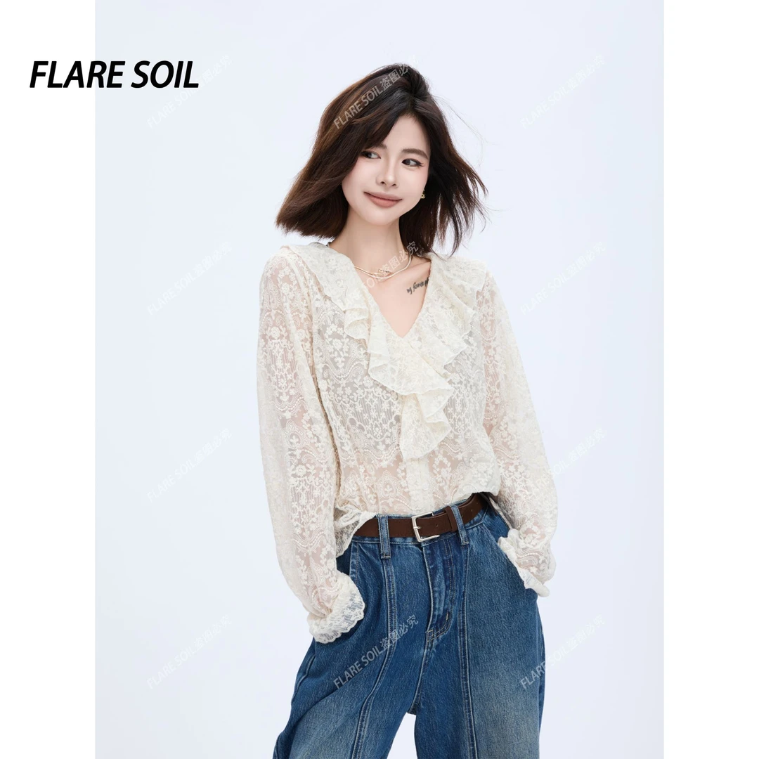 【FLARE SOIL】（现货）荷叶领开衫蕾丝镂空小衫长袖外套 T4576A