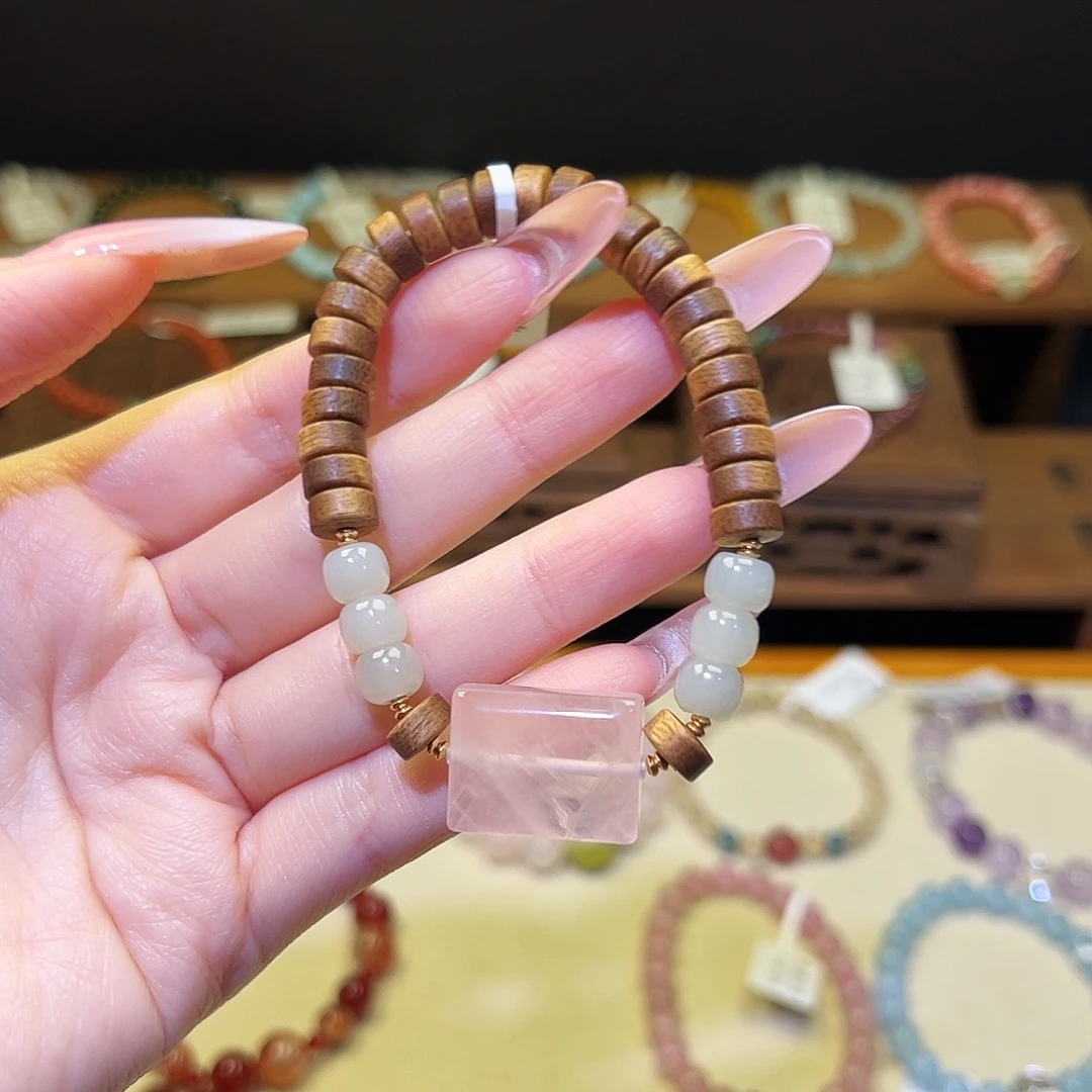 水晶银S925镀金镶嵌手串藕粉1832