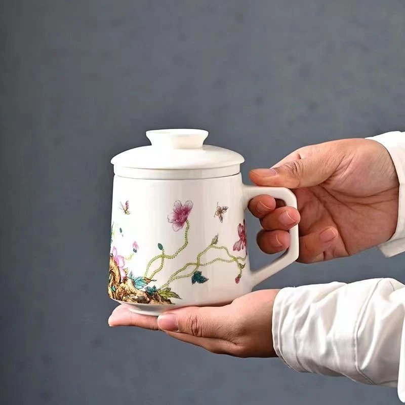 X501-白瓷办公杯茶杯茶水分离陶瓷过滤水杯带盖有盖茶具水杯茶具