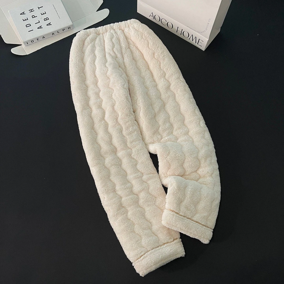 珊瑚绒夹棉睡裤女秋冬季长裤三层加厚暖暖裤杏色可外穿睡衣家居服