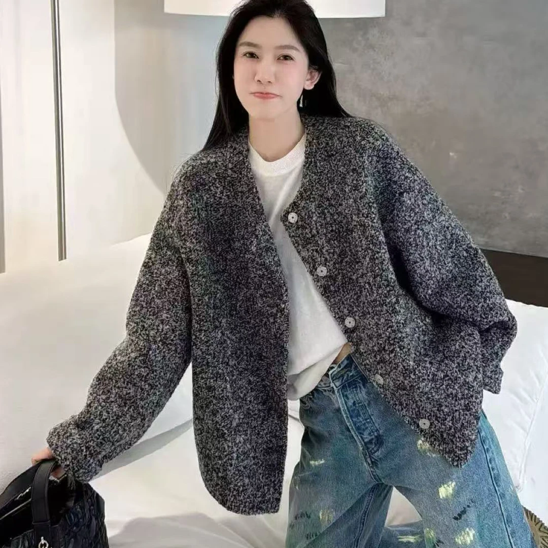 V领邓肯精致彩色单排扣复古杂色羊毛外套开衫上衣5001