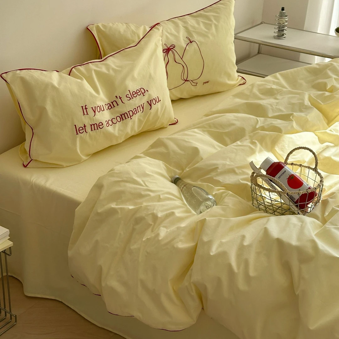 猫咪日记ins风少女心刺绣水洗棉四件套简约可爱床品被套床单清新