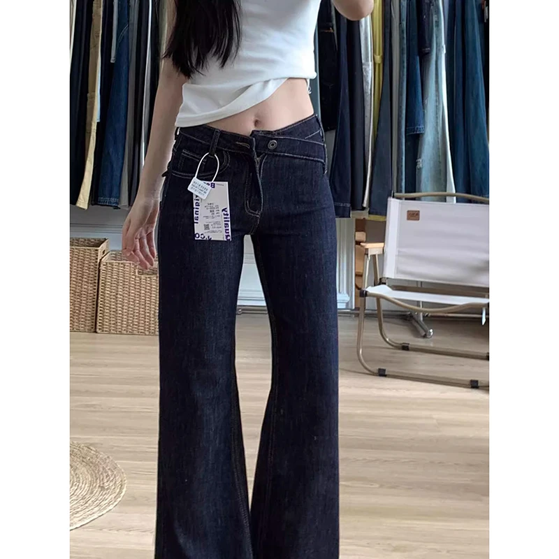 美式原色低腰微喇牛仔裤女秋季新款复古宽松阔腿显瘦丹宁直筒裤子