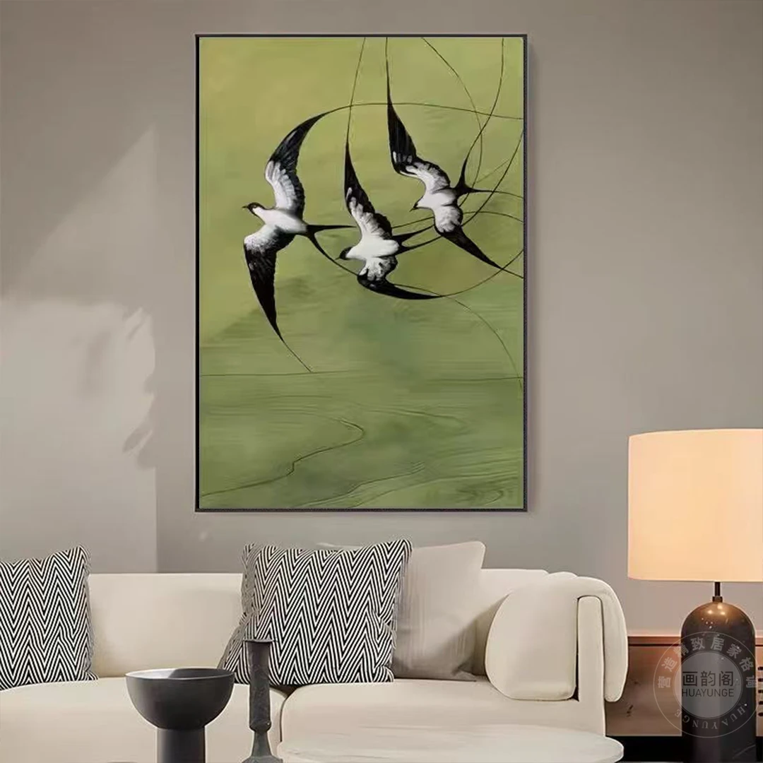 中古风绿色燕子南飞现代简约高级感客厅沙发背景墙装饰画玄关挂画