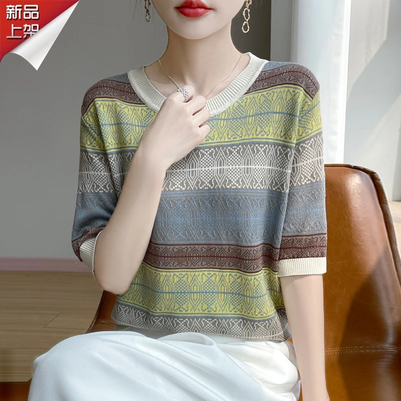 品牌夏季圆领提花条纹短袖新款镂空拼色百搭时尚显瘦针织衫女T恤