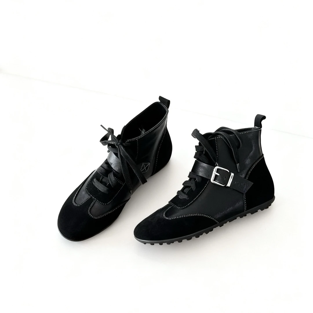 HUSSLOVE 头层牛皮+牛反·跟高3CM·百搭舒适拼接高帮德训休闲鞋