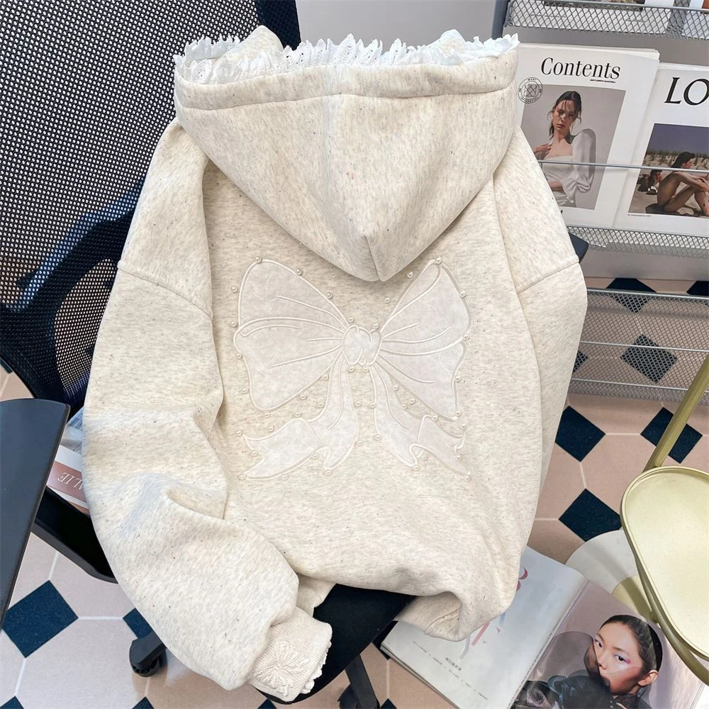 灰色重工钉珠刺绣蝴蝶结卫衣外套男女甜美慵懒风蕾丝拼接连帽开衫