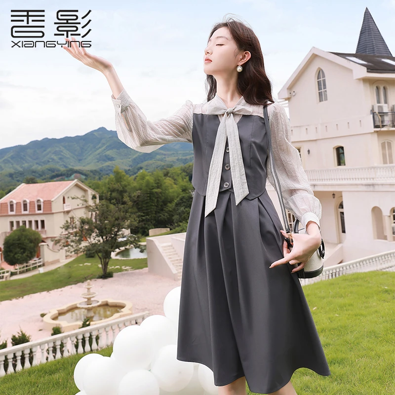 【直播专享】Q833007连衣裙香影长袖灰色连衣裙新款拼接通勤