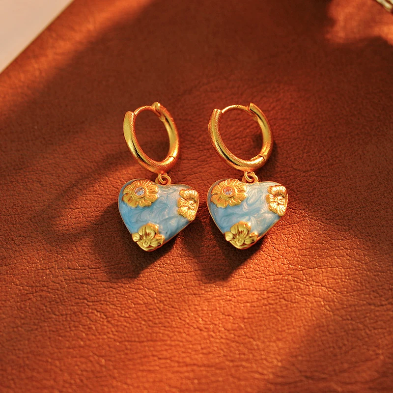 铜合金珐琅耳饰 油画风轻奢蓝滴釉耳扣耳环耳圈新中式锦上添花小