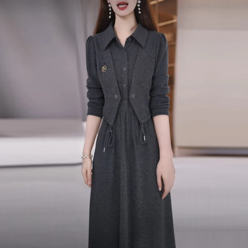 磨毛精纺洋气减龄穿搭2025秋季新款设计感长袖显瘦假两件连衣裙子
