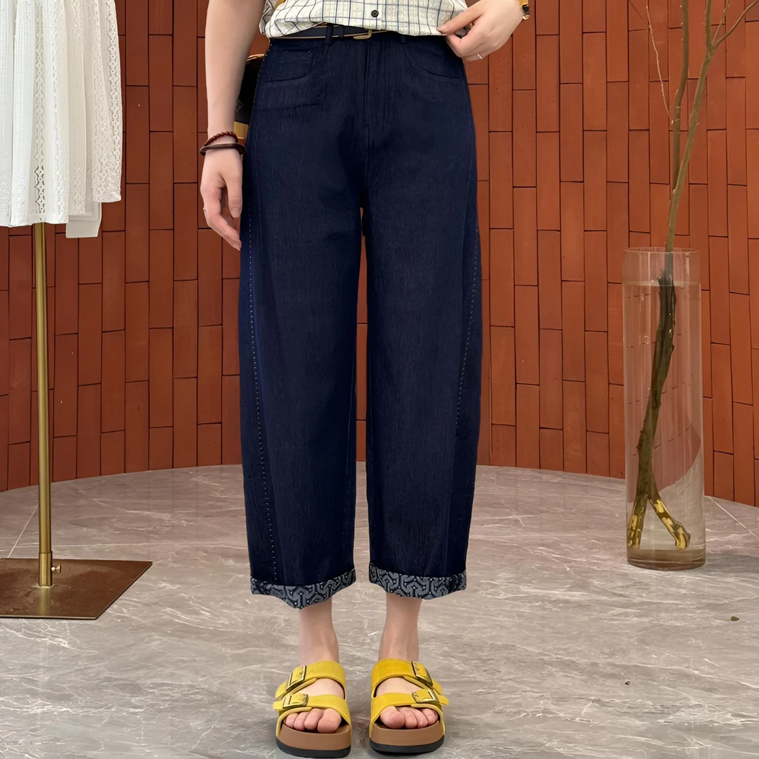 宿慕SUMU牛仔老爹裤2025新款夏季内里腰果花拼接九分萝卜裤6909F