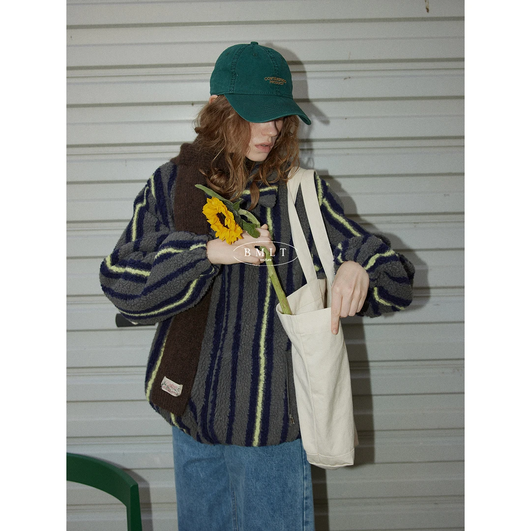 BMLT[苍山雪松]灰色韩系条纹毛毛外套加厚保暖女冬季新款