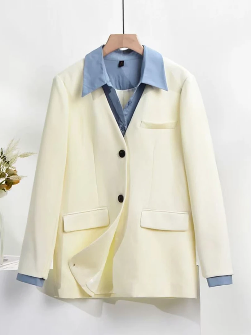 98736#衣长约）法式假两件拼接撞色西服外套