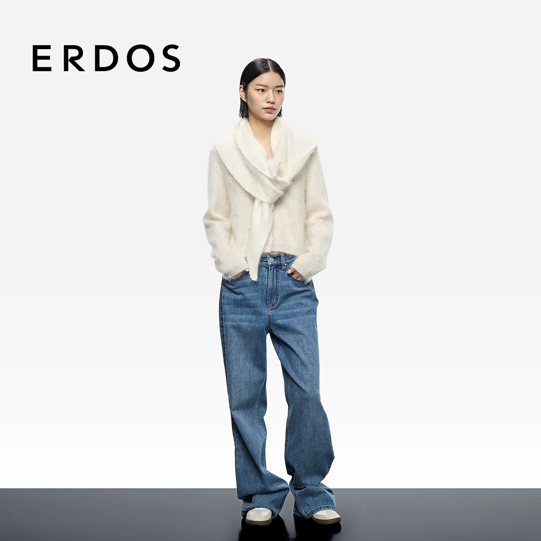 【复古牛仔】ERDOS 女士直筒牛仔裤25年早秋新品浅色弹力牛仔长裤