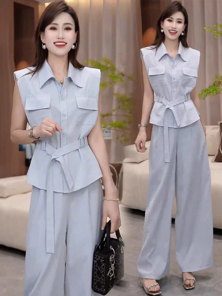 时尚套装女2025夏季新款设计感洋气无袖衬衫上衣高腰阔腿裤两件套