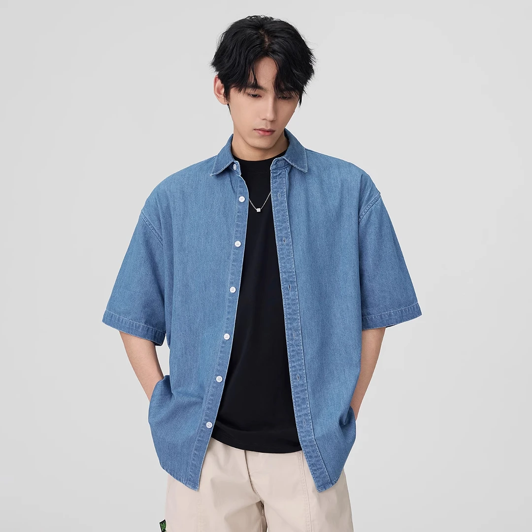 夏季薄款莱赛尔浅蓝牛仔短袖衬衫男装高端美式潮牌宽松衬衣外套男