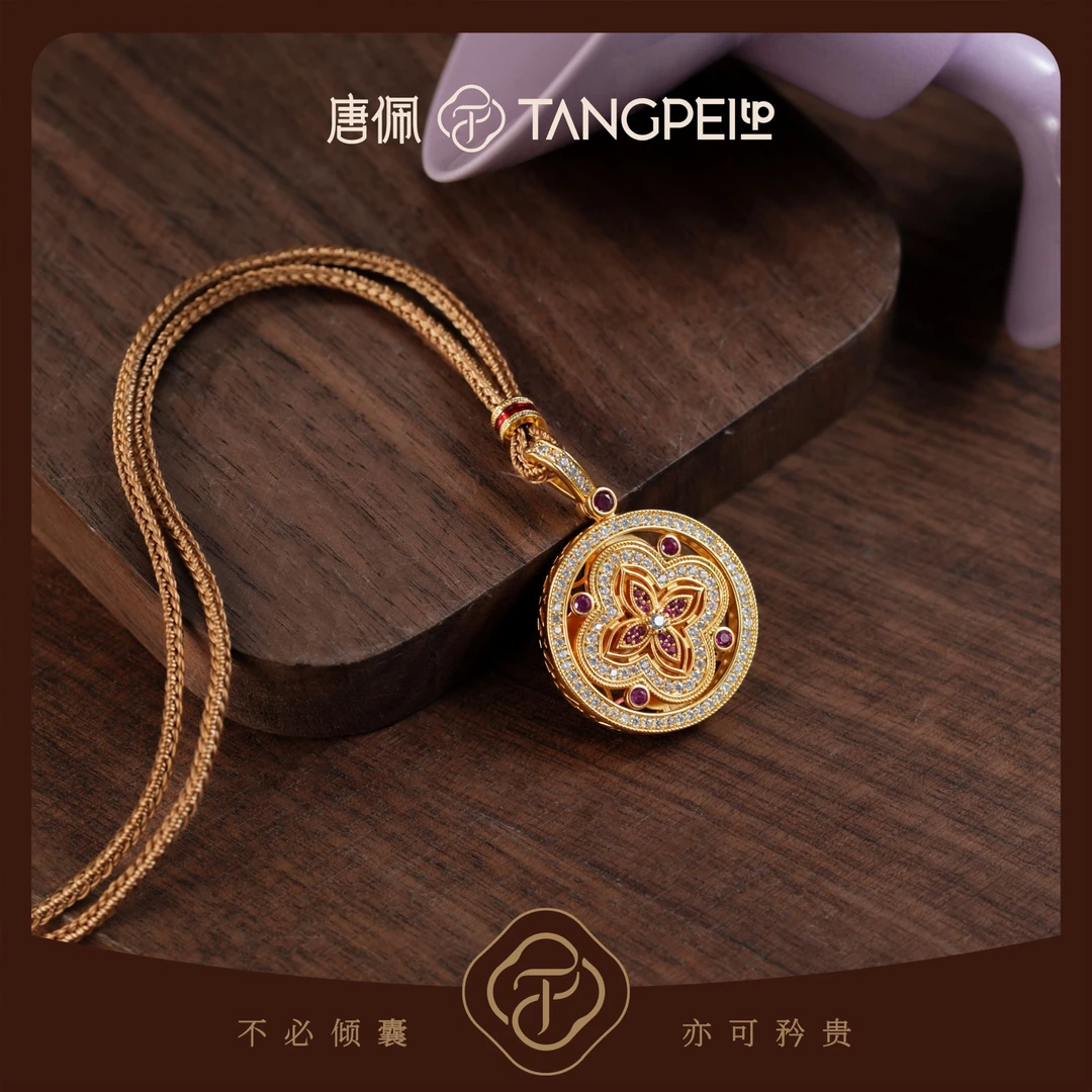 铜合金布艺项链 设计感新中式四叶花紫色罗盘项链气质时尚饰品