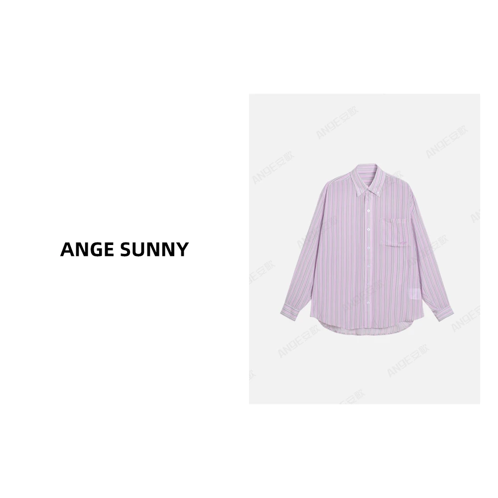 ANGE SUNNY【口袋刺绣条纹衬衫】垂感竖条纹宽松单排扣上衣