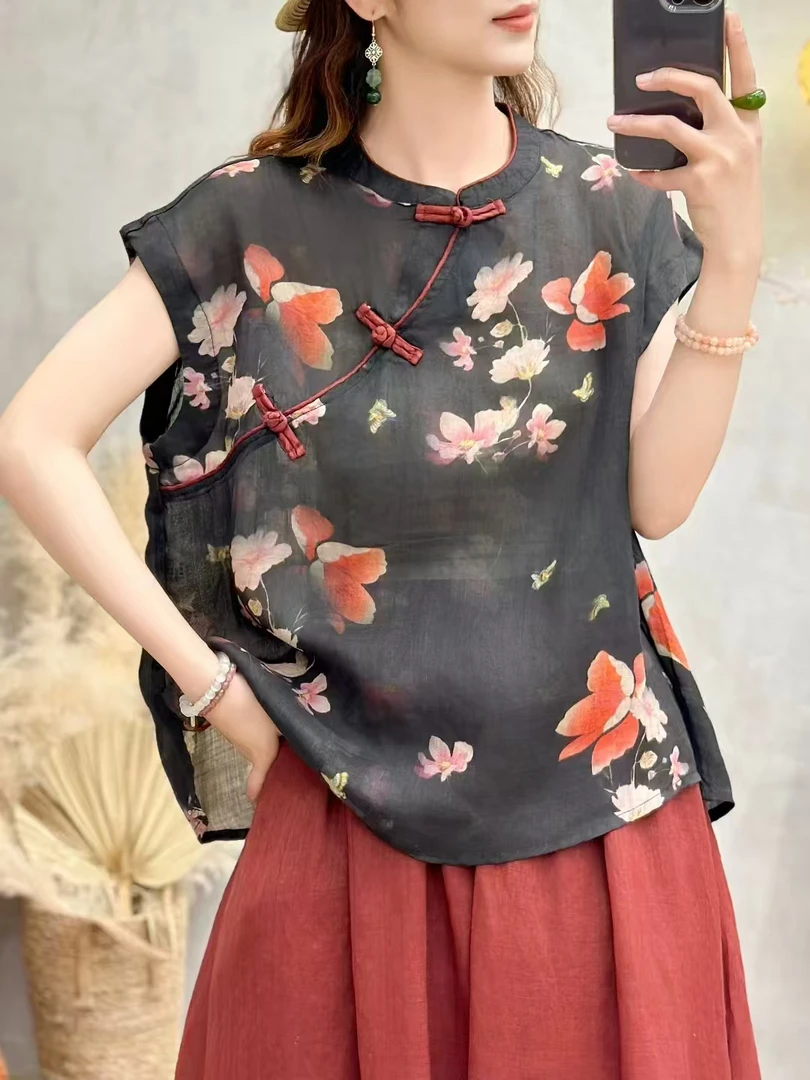 中式小立领三盘扣苎麻砂洗数码印花复古百搭斜襟盘扣上衣套头小衫