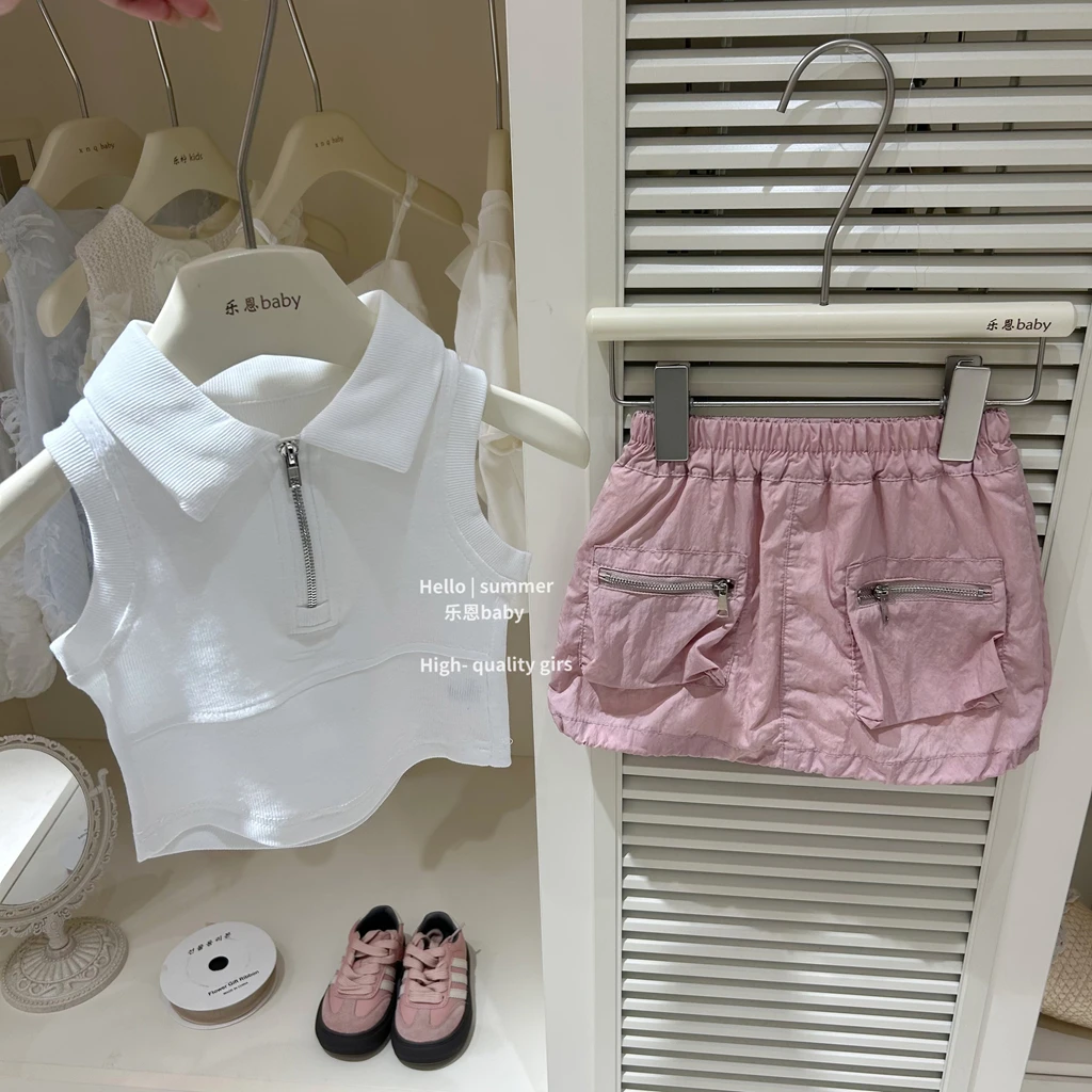 【乐恩baby】2025夏季女童白色无袖翻领背心粉色工装裤洋气时髦套装