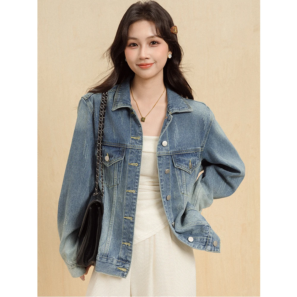 复古口袋翻领水洗牛仔衣2025秋季韩版直筒显瘦小个子牛仔短外套