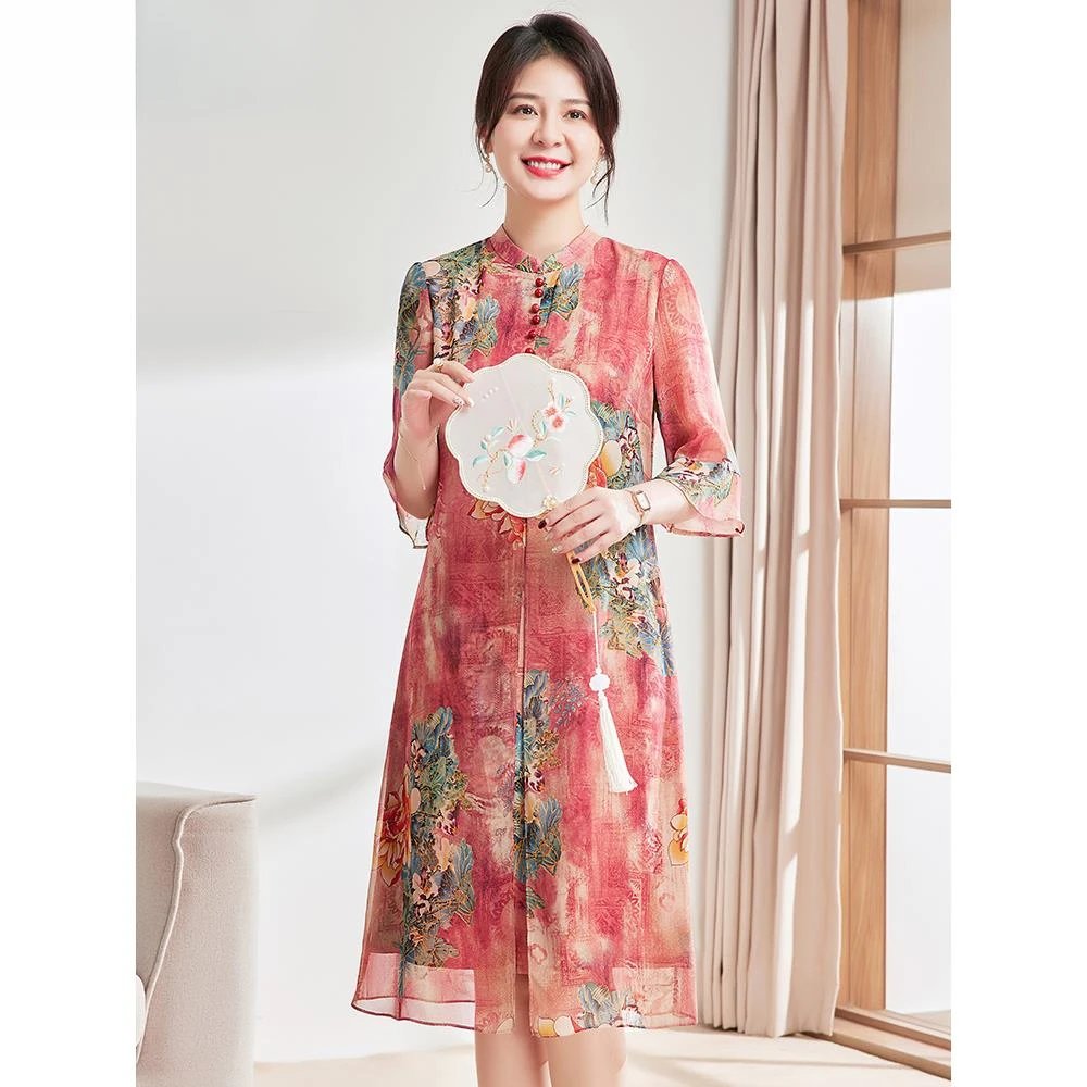 玛古芭夏装妈妈连衣裙洋气高贵2025新款中老年女装夏季雪纺裙子