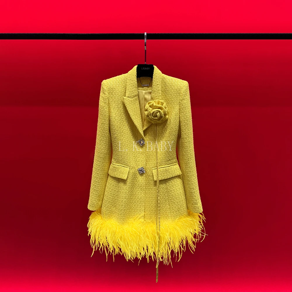 【L.K.BABY】盛开的黄玫瑰 气质轻奢名媛流苏羽毛香香外套