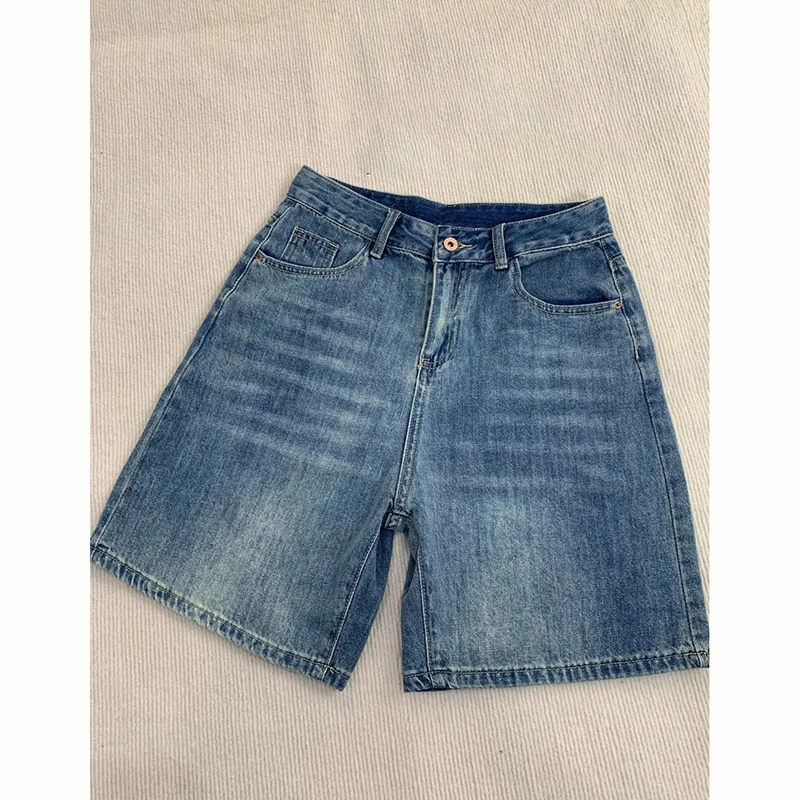 复古蓝五分牛仔短裤女2025年夏季新款小个子高腰直筒显瘦阔腿中裤