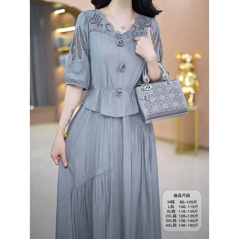 2025年时尚刺绣镂空休闲连衣裙女2025夏季新款修身显瘦中袖裙子